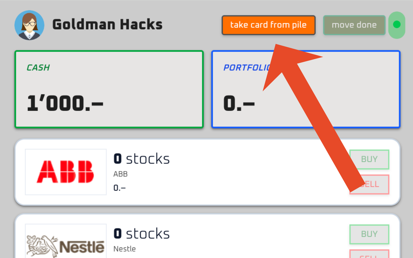 Turn interface showing Take Card button